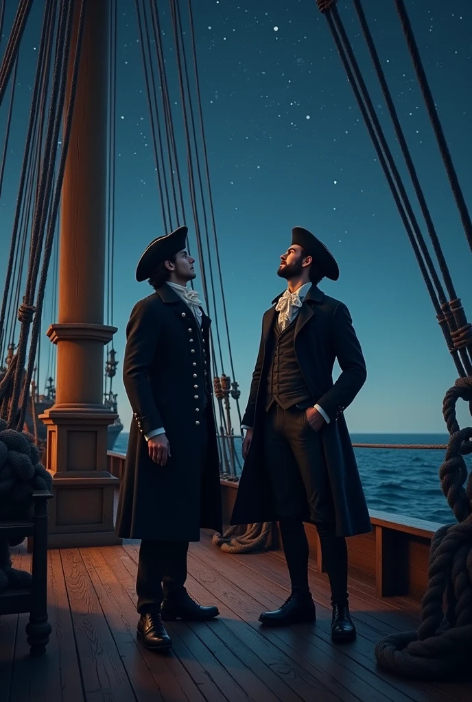 Two men from 1812 standing on the deck of a ship looking at the stars