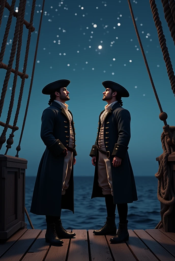 Two men from 1812 standing on the deck of a ship looking at the stars