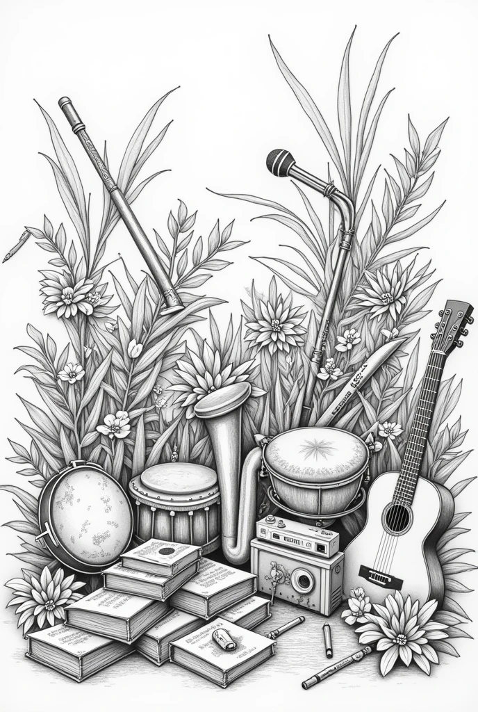 black and white linear drawing with various cultural elements, spread out, occupying the entire space. drums, tambourine, transverse flute, cuica, cavaquinho, guitar, flowers, photographic machines, terrestrial globe, textbooks, saxophone, mike. 
