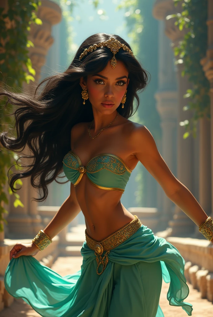 Stunning Princess Jasmine, photo in 8k, in action, cinematic.