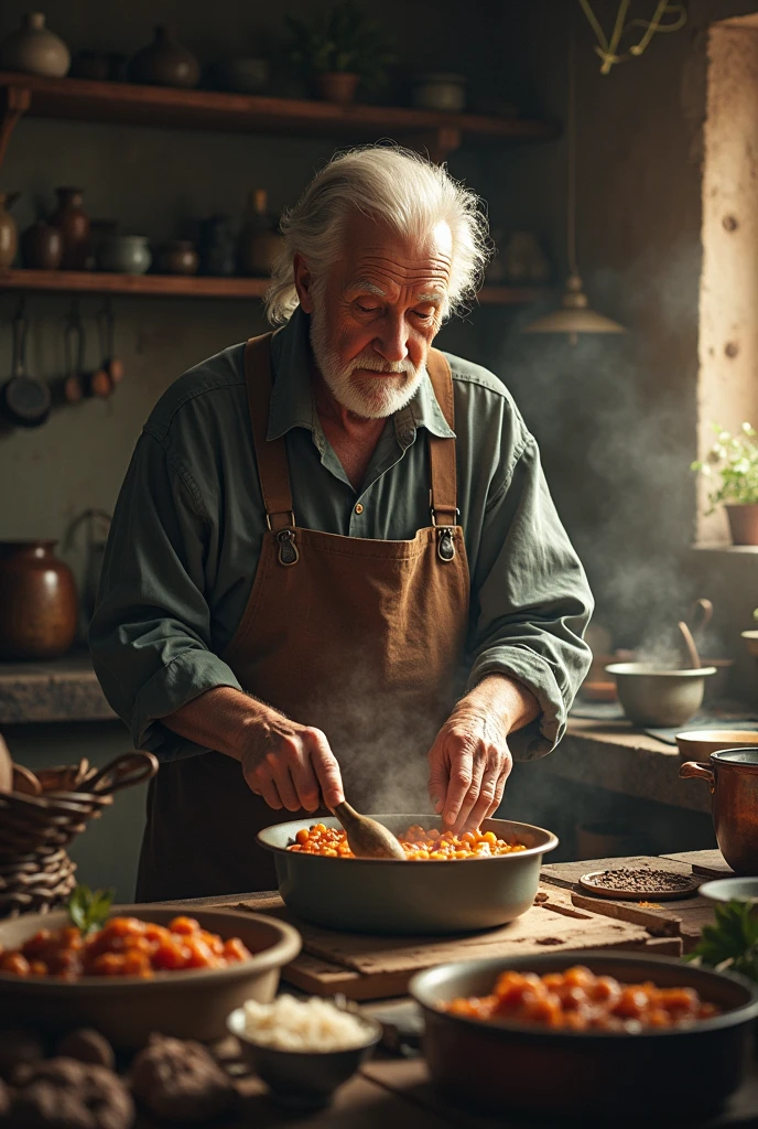 Create an image where a predecessor appears cooking something to eat