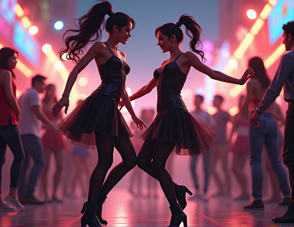 (best quality, 8k, masterpiece, highres, ultra-detailed), photorealistic, Tsukasa Hojo style, woman, red form-fitting dress, high heels, dancing, dim nightclub, confident smile, sensual expression, delicate features, soft shadows, elegant dance moves, subtle details, realistic skin, minimalist background, low-key lighting, film grain.