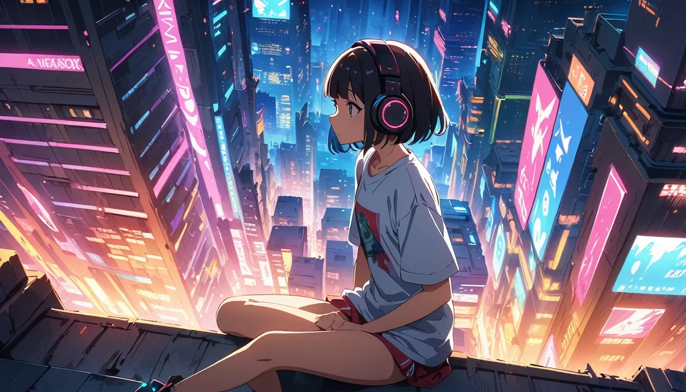 (masterpiece, Highest quality:1.2), (Anime artwork, Anime Style, Studio Anime, Very detailed, Latest, Vibrant, Anime Coloring, High Contrast, masterpiece:1.2, Highest quality, Best aesthetics), ((View from the roof of the building:1.2, A woman stands on the rooftop, overlook, A view so beautiful it makes your legs tremble)), Cyber City, ((Digital Cyberpunk - Anime Art)), Shortcuts, Eyes of determination,((Oversized T-shirt))Headphones