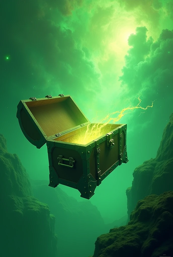 Create a green image of an open chest in the green galaxy