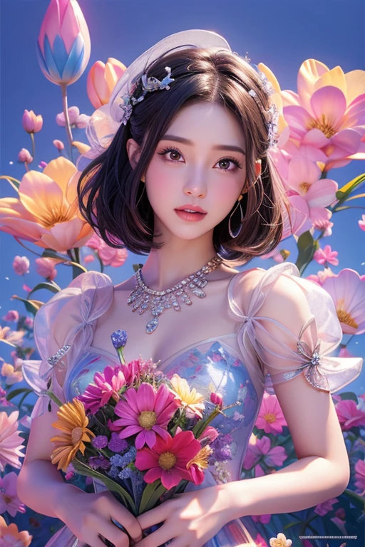 Portrait of a charming girl, light, revealing dress with short sleeves, big bust,dyed hair,The beauty stands on the flowers,The details of the face are perfect.,Wow, the character details are so good.,fashion portrait,bright colors,clean background,panorama,large aperture,производство pop mart,Delicate shine,Translucent molten glass with 8K gradient,Frosted glass,masterpiece, Best quality,, Hyperreal,realistic ,high detail,a high resolution . 35mm photography, movie, hips, professional, 4K, very detailed