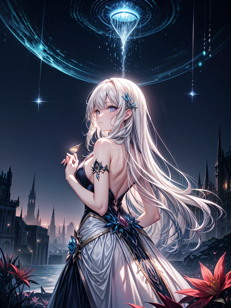 "A stunningly beautiful girl in a fantastical setting, where magic and elegance intertwine. She has long, flowing hair that shimmers with ethereal colors, cascading gracefully down her back. Her eyes are large and expressive, sparkling with a mesmerizing light that suggests both wisdom and wonder. She wears an enchanting, delicately designed dress that seems to blend seamlessly with the otherworldly surroundings. The background is a dreamlike landscape with soft, glowing lights and fantastical flora, creating an atmosphere of serene beauty and mystery. The overall scene captures a sense of magic and grace, perfect for a captivating and enchanting icon