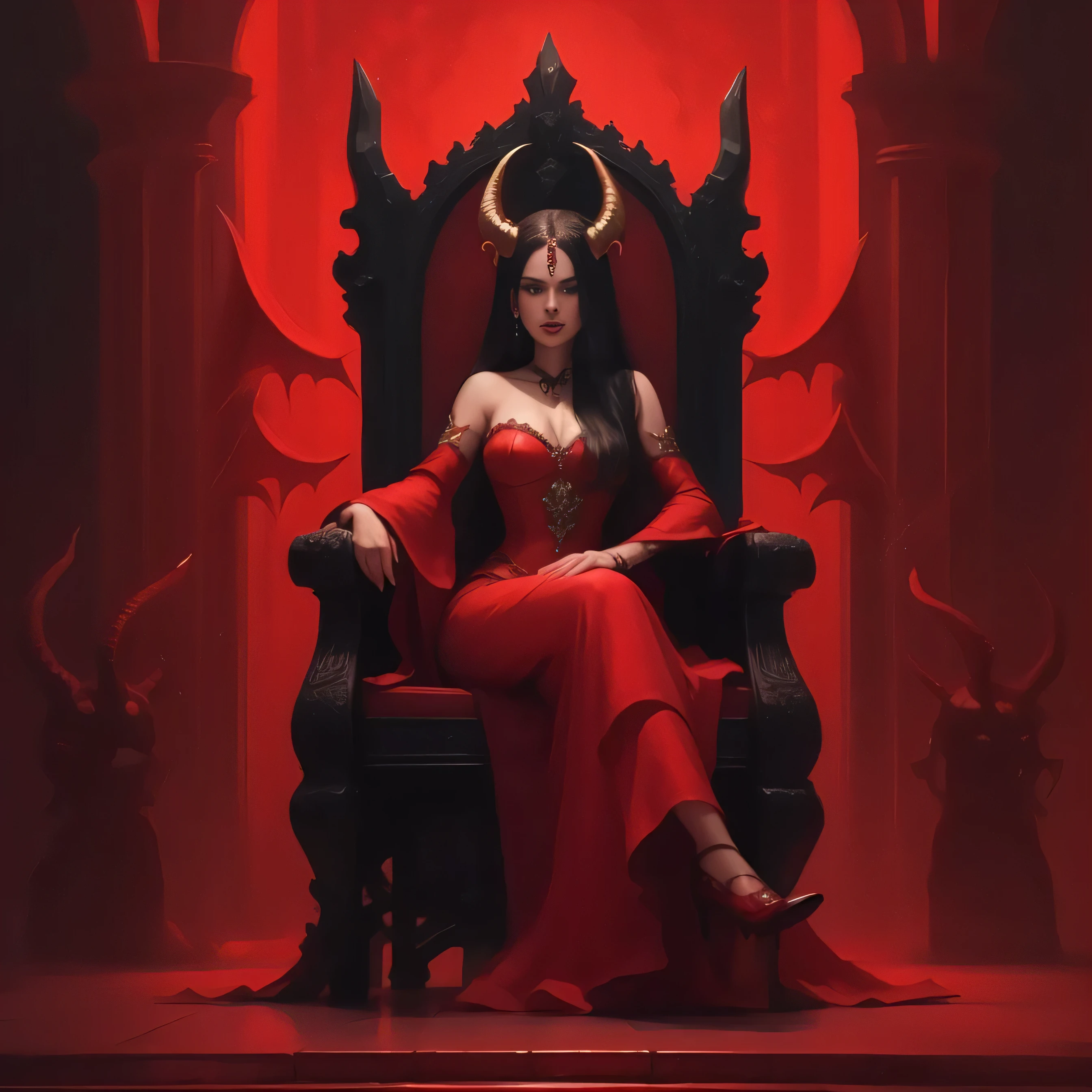 a woman in a red dress sitting on a throne with horns, beautiful elegant demon queen, queen of the underworld, queen of hell, beautiful vampire female queen, succubus | medieval, diablo 4 queen, on her throne, beautiful vampire queen, sitting on her throne, diablo 4 lilith, sitting on a throne, sitting on intricate throne, beautiful succubus