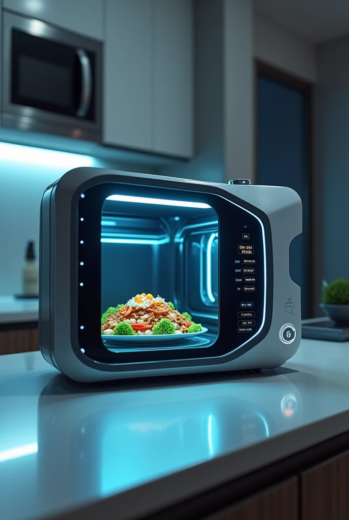 A futuristic microwave with a pill inside.
