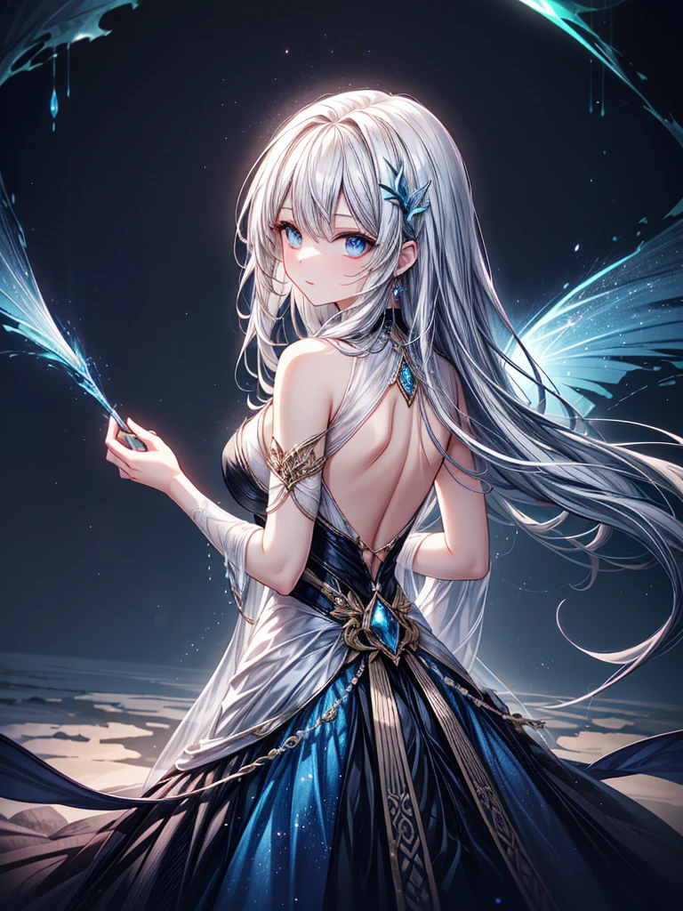 "A stunningly beautiful girl in a fantastical setting, where magic and elegance intertwine. She has long, flowing hair that shimmers with ethereal colors, cascading gracefully down her back. Her eyes are large and expressive, sparkling with a mesmerizing light that suggests both wisdom and wonder. She wears an enchanting, delicately designed dress that seems to blend seamlessly with the otherworldly surroundings. The background is a dreamlike landscape with soft, glowing lights and fantastical flora, creating an atmosphere of serene beauty and mystery. The overall scene captures a sense of magic and grace, perfect for a captivating and enchanting icon