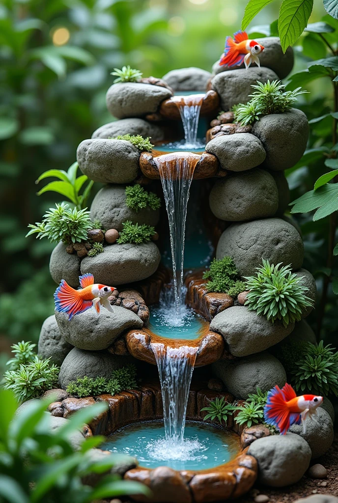 ornamental waterfall made with natural stones and with betta fish aquariums embedded in the stones