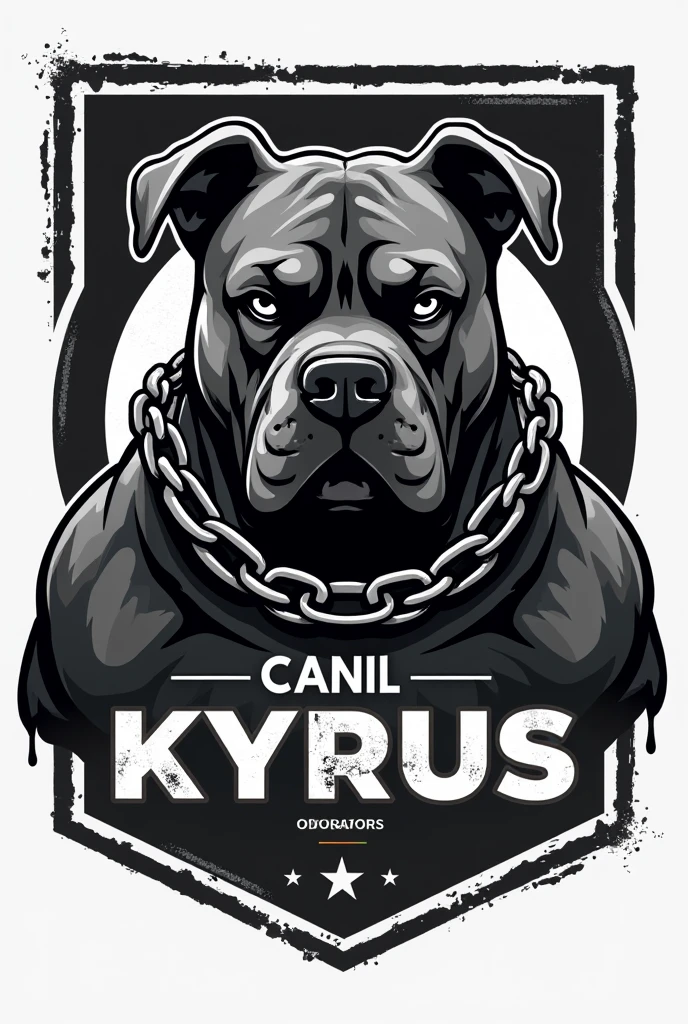 Create a logo with an image inside a frame of a low American Bully with chains and the phrase CANIL KYRUS written on it.