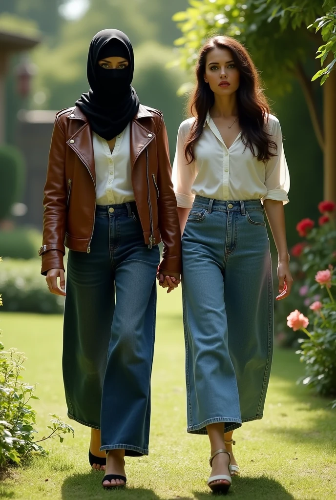 completely hidden face misterious white arabic woman wearing 2 eye holes black ski mask covering mouth and nose, without hair, black head scarf, green eyes, brown biker leather jacket, white formal button down blouse, wide leg denim pants, walking on the garden, high hill sandals, sunny day, walking hand in hand with beautiful brunette girlfriend wearing short dress