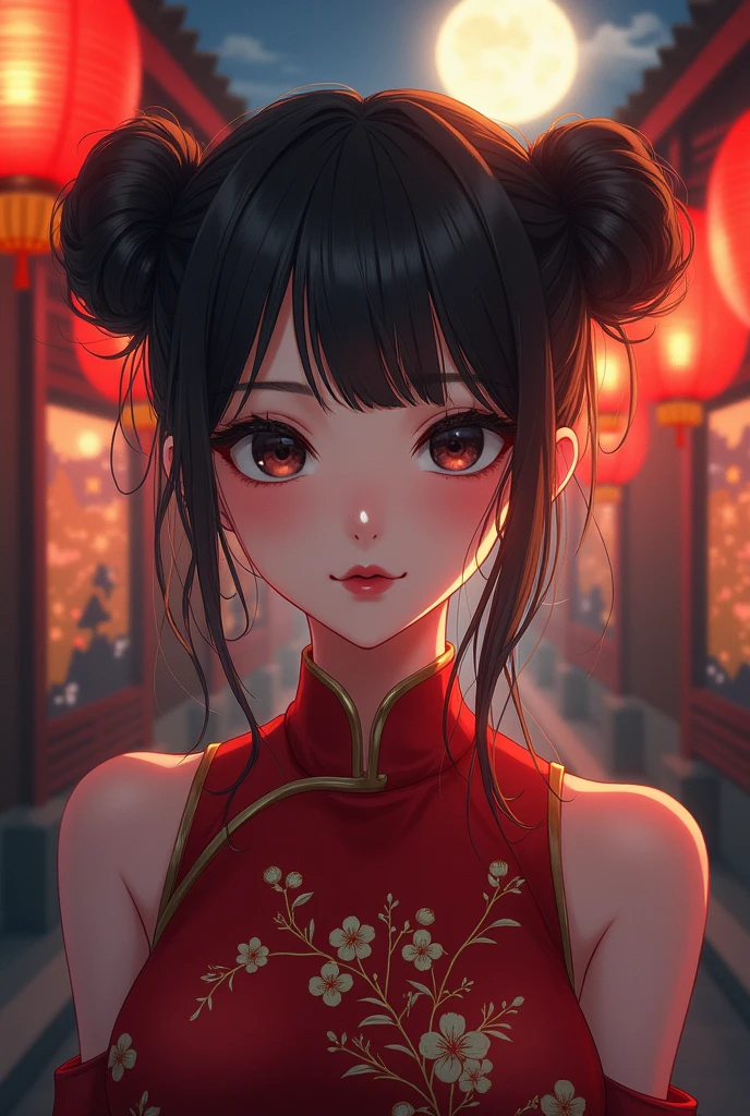 Anime girl with two dark brown cinnamon buns pigtails with straight bangs,black eyes, red chinese dress, black painted lips, behind night landscape with Chinese lamps illuminating