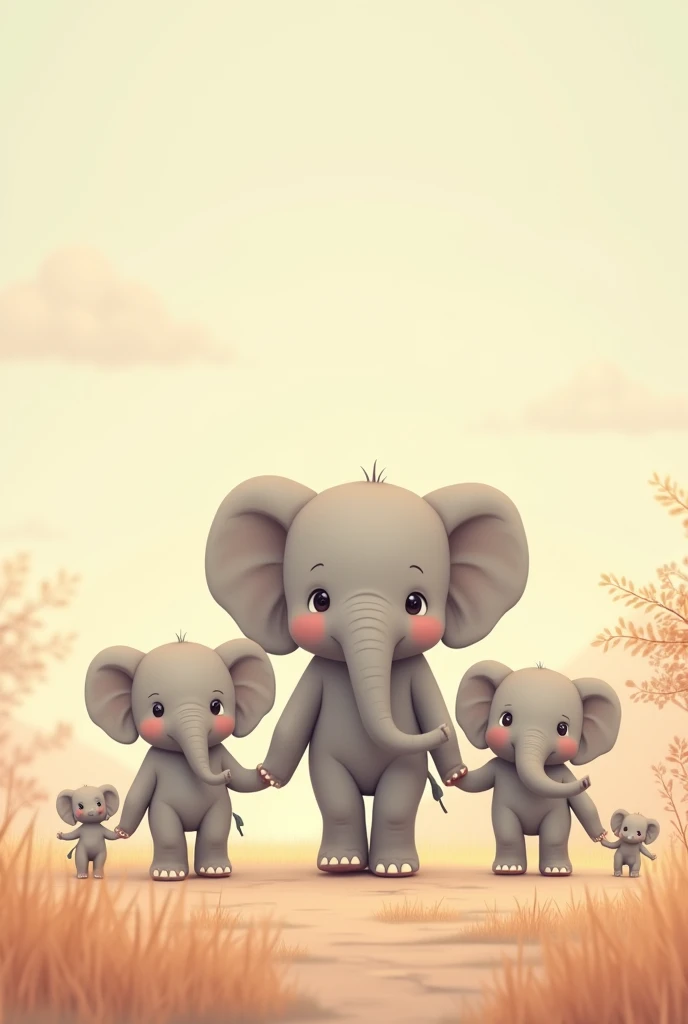 Simple and cute, with gentle colors like a picture book , 8k, Highest quality,cute,Big anime eyes,elephantとそのfamilyは、これまで以上に強いbondで結ばれながら、Walking together towards the horizon(image: elephant, family, bond)