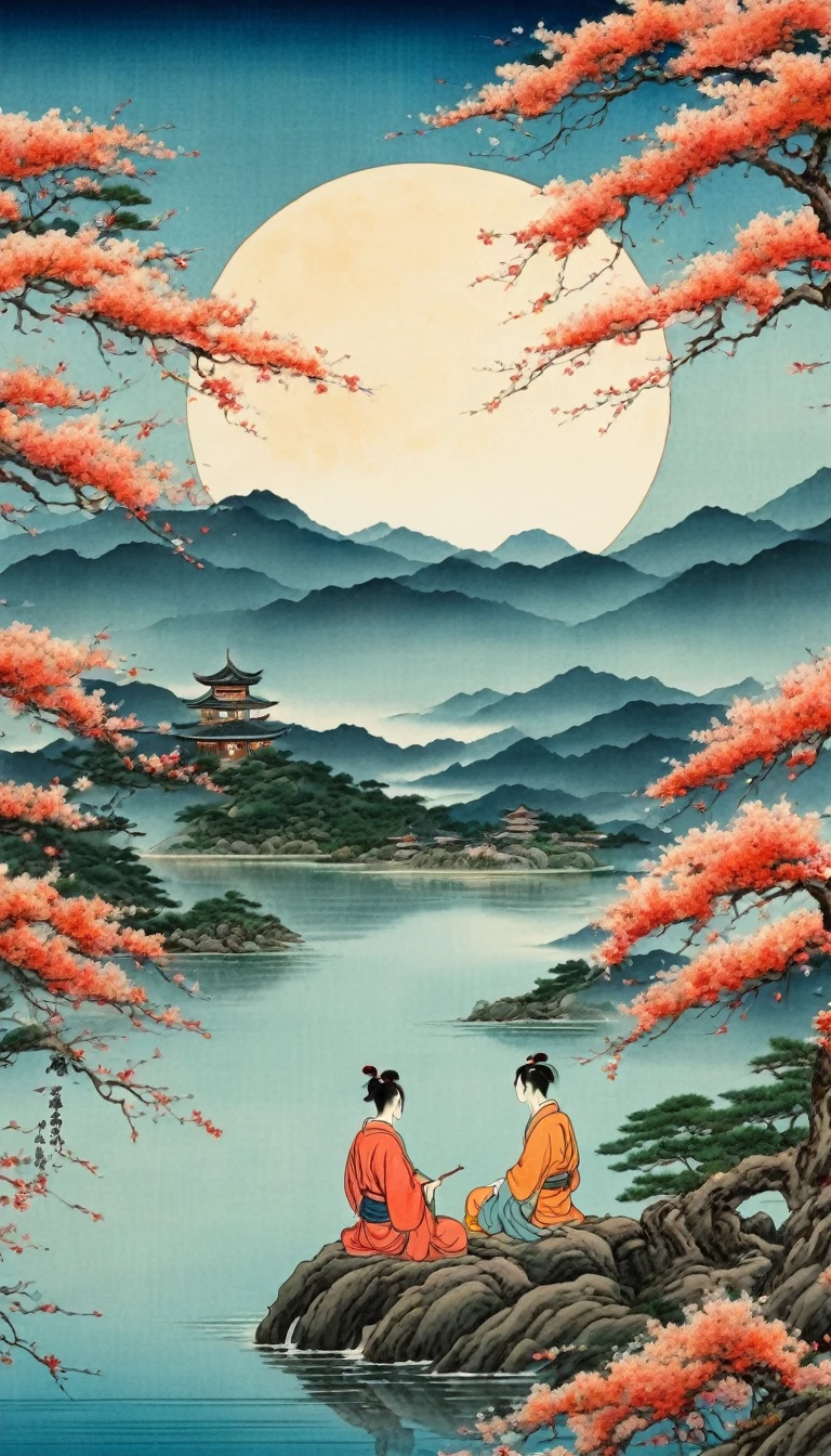 nsfw, yaoi, best quality, masterpiece, extremely detailed, traditional japanese painting, close up, two men, two handsome japanese men, sitting by a lake, nude, crescent moon in the sky, vibrant colors, no chinese characters, no stamp, no logo, no signature