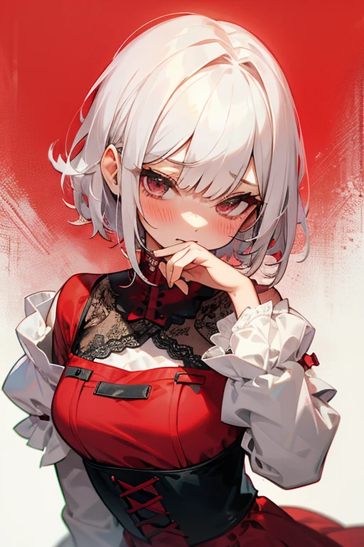 Short white hair, blush, Lace dress、Punk Fashion、Headbang 2.、Red clothes、