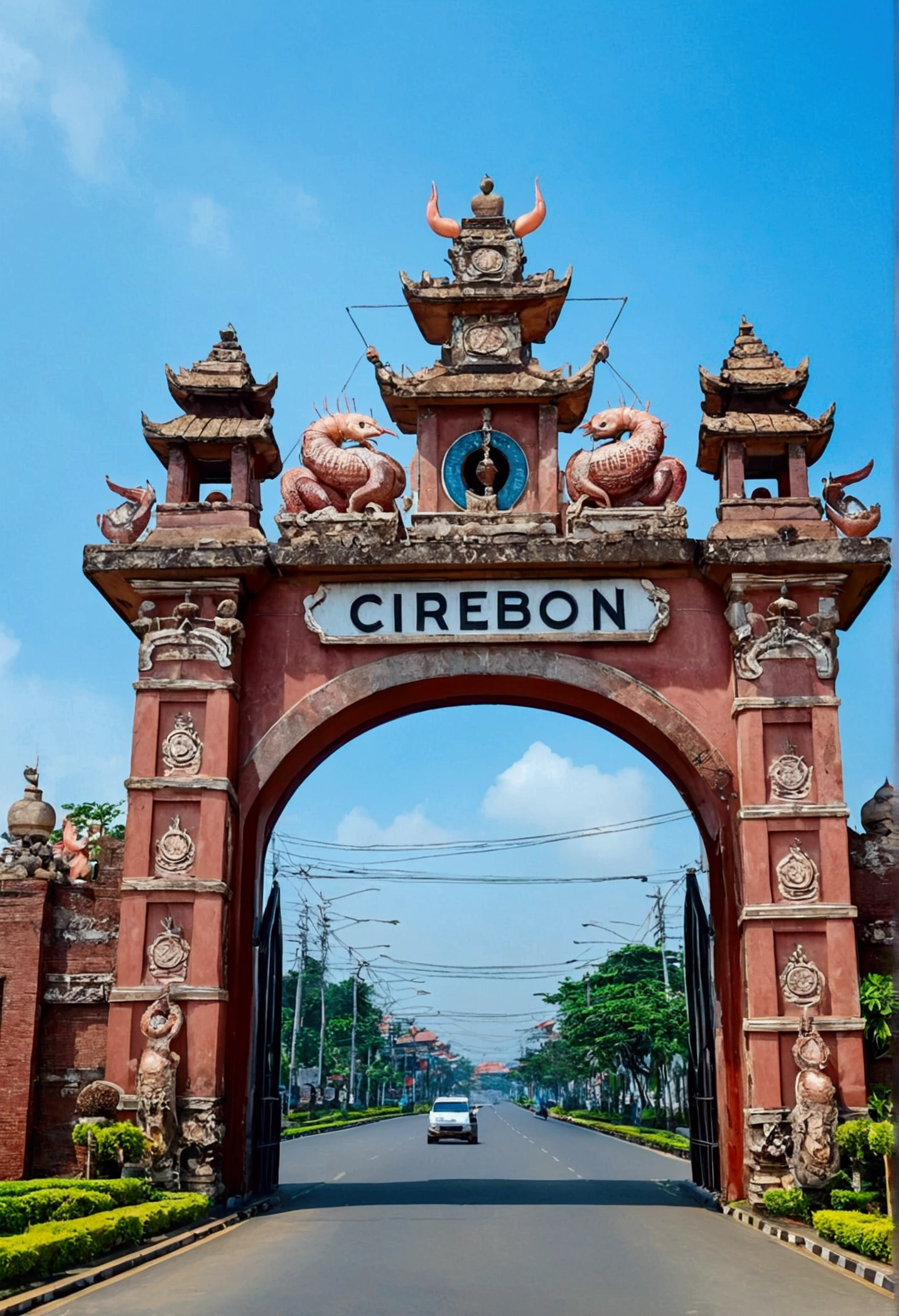 A magnificent city gate with shrimp statues on both sides and the words "CIREBON CITY" written on it.