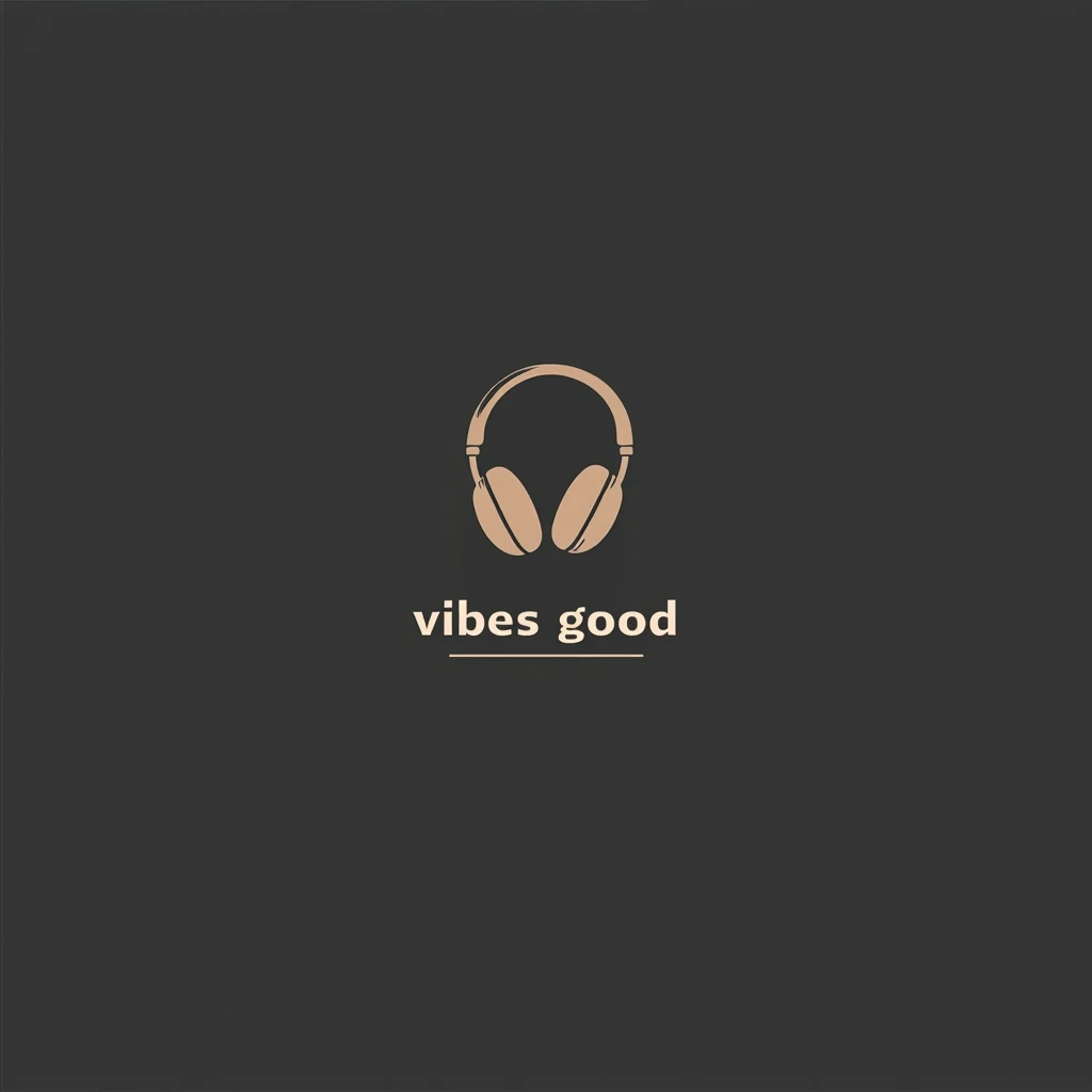 Create a logo for a music website that features minimalist headphones, the phrase "vibes Good" and the colors black or gray 