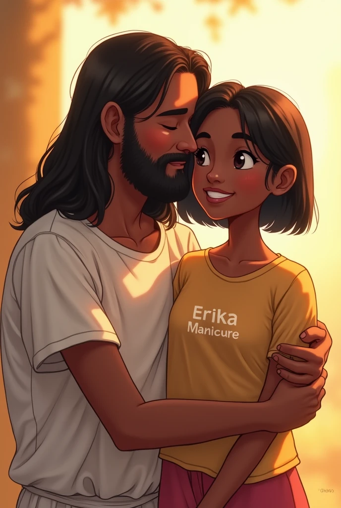 Animation drawing of a happy Jesus hugging a black woman with short, straight black hair wearing a t-shirt with the word Erika manicure written on it