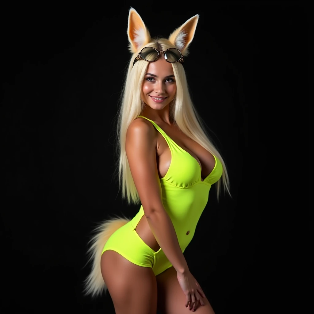 Busty woman 18 years old, White skin, athletic body, toned abdomen, fluorescent green one-piece lingerie, fox ears, foxtail, Long hair, blond hair, aviator glasses, Photo studio, Black background