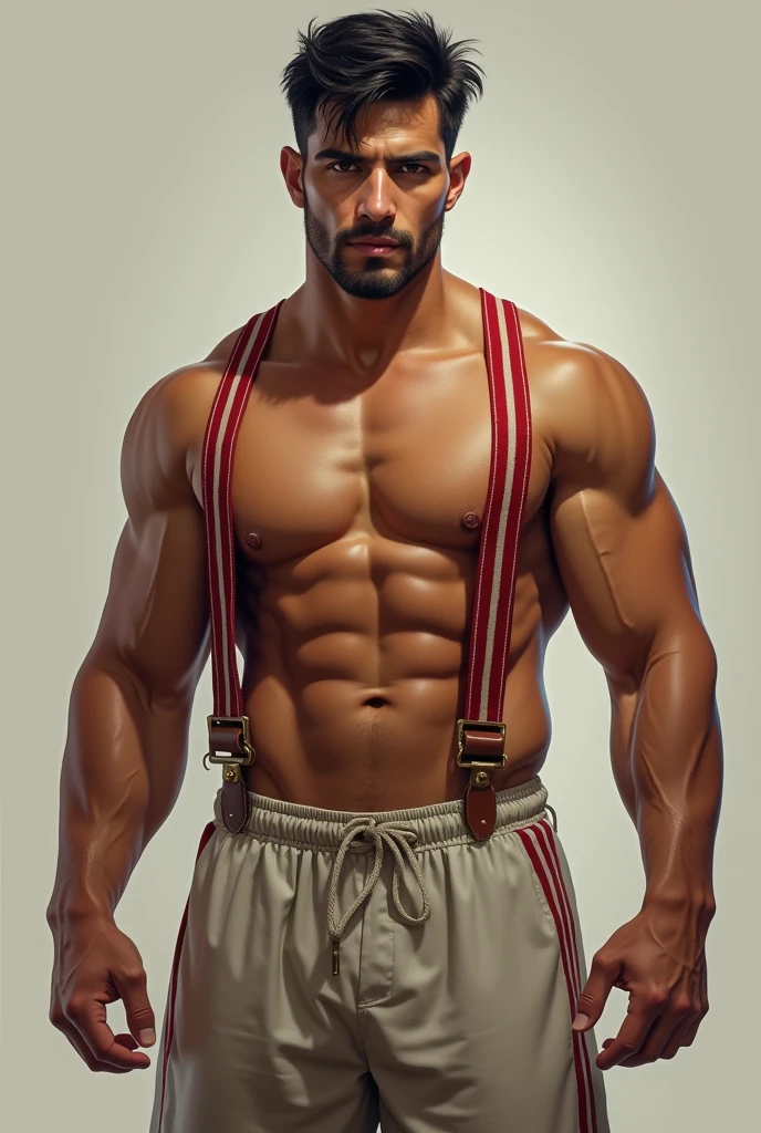 Shirtless mexican man wearing suspenders and soccer shorts