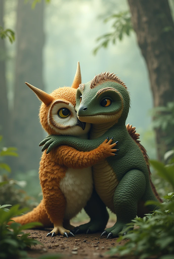 Make a picture of a owl hugging a dinosaur