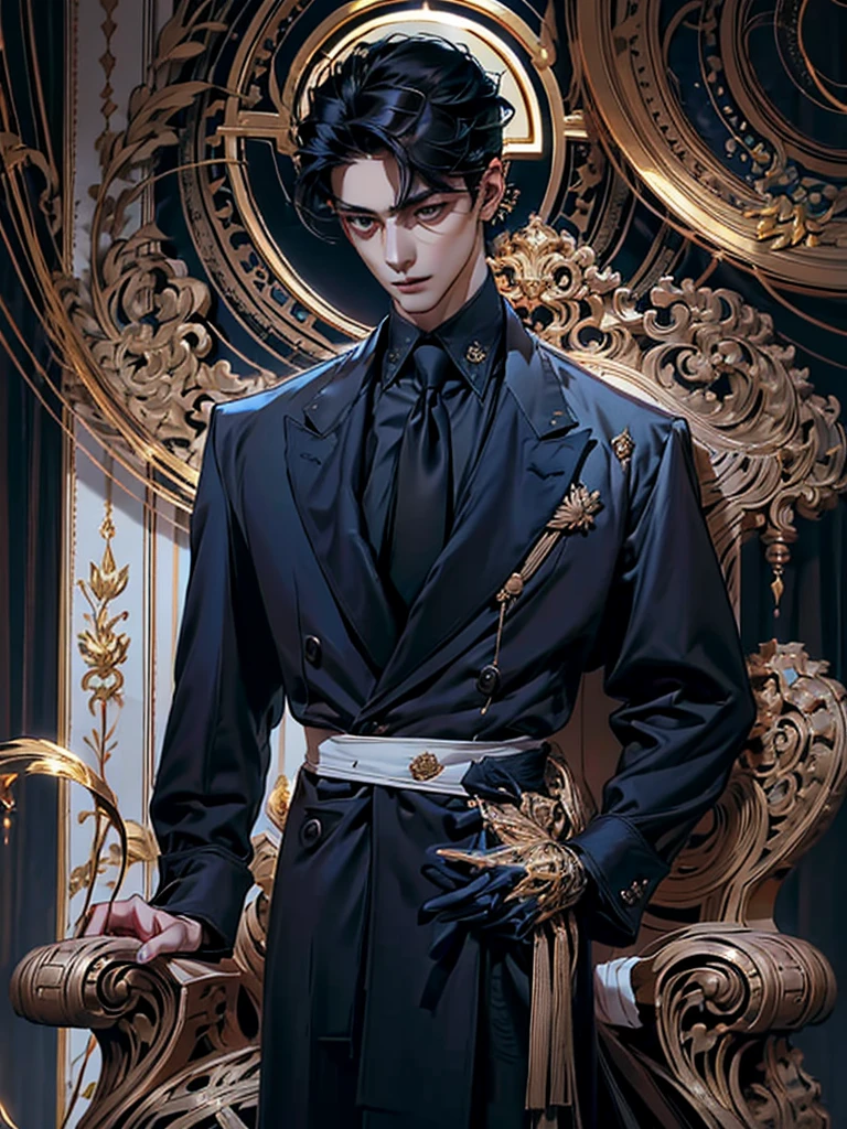lamplight, Handsome men, golden eyes, (Focus eyes, The eyes are bright), (focus face),(Focus clothing), Medium long black hair, ear piercings, medium skin, dark blue coat, Meticulous suit, gold accessories on clothes, dark blue ties (perfect anatomia:1.2), Highqualityshadow, natural lighting, (White highlights:1.2),overcast day, (starrysky), (shining)