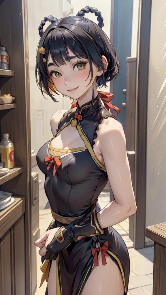 masterpiece, top quality, high detailed, detailed face, bright Eyes, exterior, blurred background, dynamic poses, dynamic angle, (from the front),standing, (small breasts),(neckline),(see through dress),(Thinking in the future:1.5), xianglingdef, happy, Laugh, hot and spicy, happy, In an old traditional Chinese restaurant.