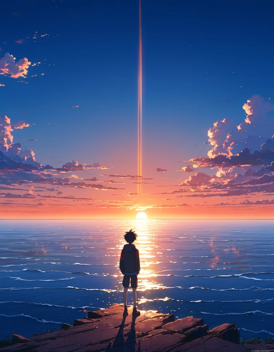 Beautiful and serene anime landscape, ((with clean sky bintage effect)), sunset ((without clouds)), dreamy, incredible. A boy looking towards the empty horizon, an incredible clear sky, The image shows a young male anime character contemplating the ocean at sunrise, with a backdrop of a vibrant blue sky and red and orange hues from the sun.fascinating, dreamy, surreal, well detailed, photoshop, anime-realistic, anime landscape wallpaper, landscape anime, anime landscape wallpapers, anime beautiful scene peace, beautiful anime landscape, anime sky anime. by makoto shinkai, Rhads and Lois Van Baarle, makoto shinkai cyril rolando, anime background art, 4k anime art wallpaper, clear sky 8khdr