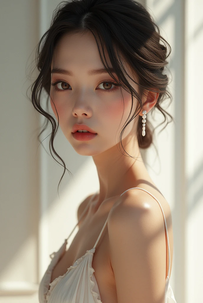 A hot sexy anime woman with minimal fantasy dress, taking a realistic photo