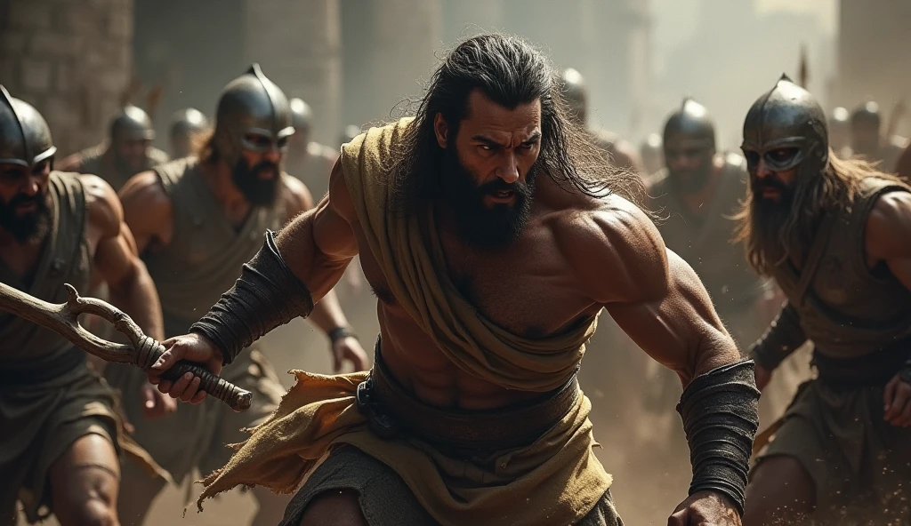 An intense battle scene, with Samson fighting a group of Philistines, using a donkey's jawbone as a weapon. Dark and somber colors predominate, highlighting the conflict. Samson's face expresses determination and courage, while the Philistines look surprised.