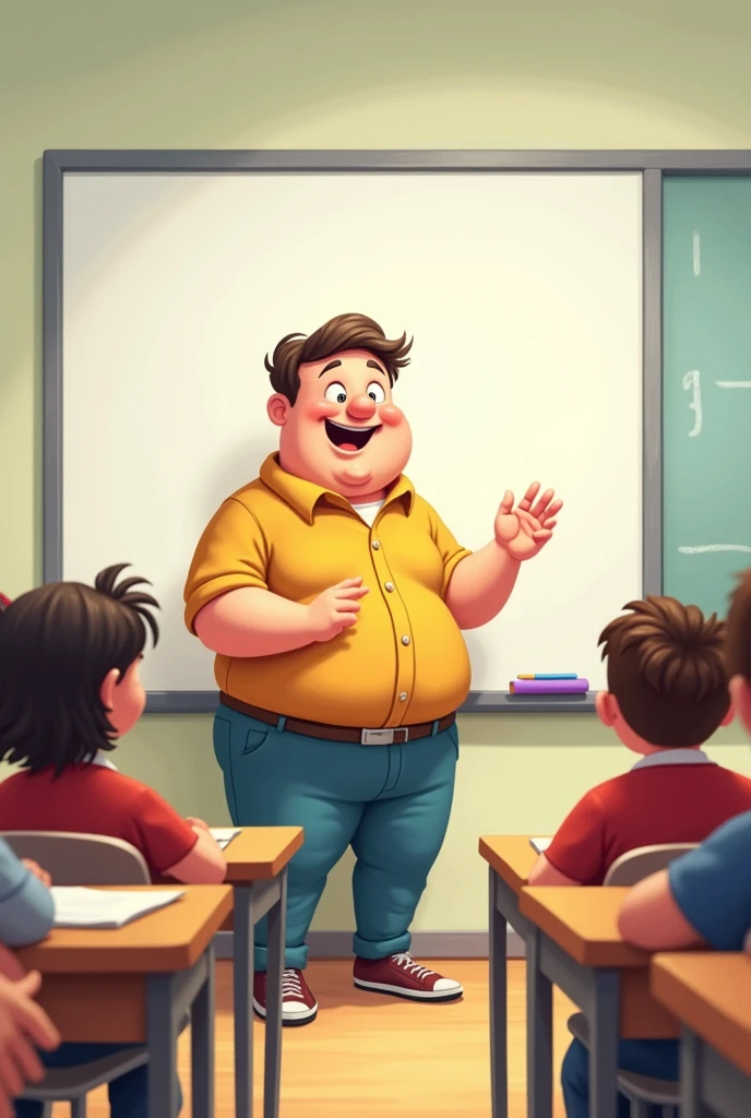 An easy to draw image with simple and basic animated drawings about a chubby teacher giving a class on a whiteboard
