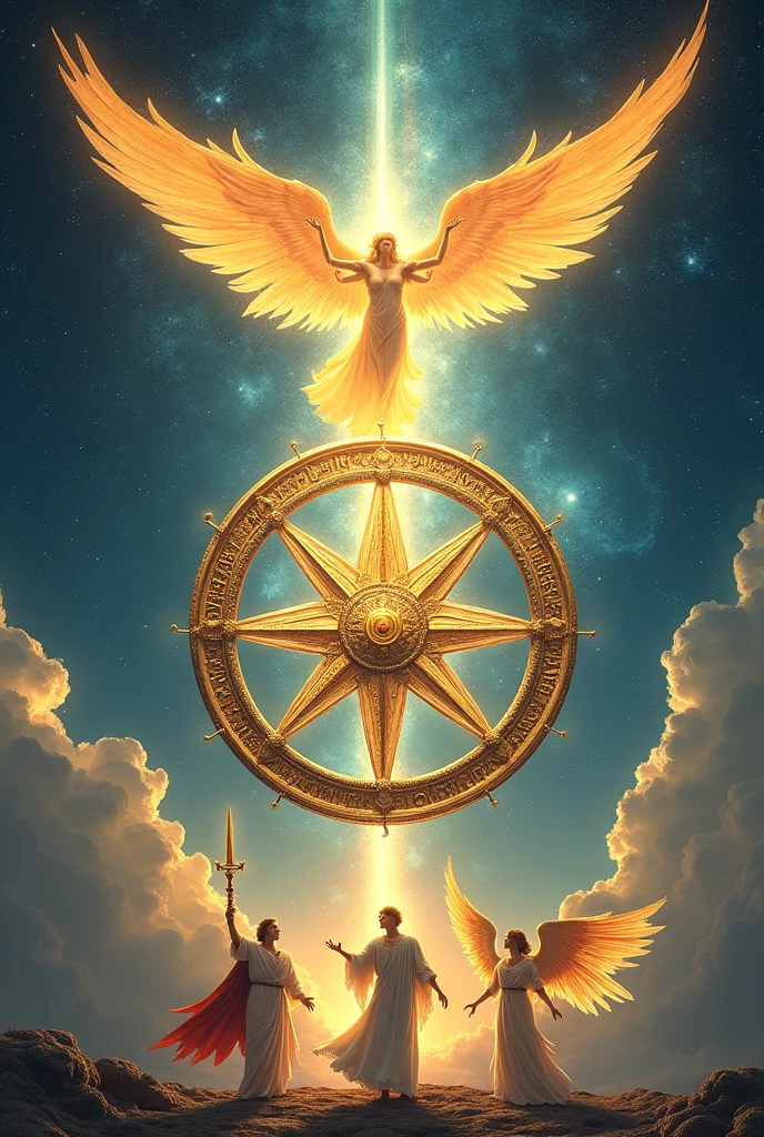 Create an awe-inspiring image for "The Destiny" card, inspired by the "Wheel of Fortune" from the traditional Rider-Waite Tarot. At the center of the composition, a grand, radiant wheel hovers in the sky, surrounded by a vibrant aura of golden and azure light. The wheel is intricately designed with celestial symbols, ancient runes, and astrological signs, signifying the cycles of life, fate, and divine order. The outer rim of the wheel is adorned with angelic wings that gently move, symbolizing the guidance of divine forces in the flow of destiny.

Above the wheel, an imposing Seraphim, one of the highest-ranking angels, hovers with six blazing wings encircling its body, exuding a sense of authority and cosmic power. The Seraphim's face is radiant and covered by a veil of light, representing the mystery of the divine plan. It holds an orb of pure light in one hand, symbolizing control over the wheel and the course of destiny.

To the right of the wheel, the Archangel Michael, the protector and warrior of heaven, stands tall, holding a gleaming sword and a pair of scales, representing justice and balance in the unfolding of destiny. His presence conveys strength and the triumph of good over evil.

To the left of the wheel, the Archangel Raphael, the healer, is depicted with a gentle, nurturing expression. He holds a golden staff entwined with a serpent, symbolizing healing, transformation, and the guidance of souls through life's challenges.

At the bottom of the wheel, angelic beings representing the four elements—earth, air, fire, and water—are positioned at the cardinal points. Each one is intricately detailed, with corresponding attributes: a grounded angel with vines and flowers, an ethereal angel with flowing air currents, a fiery angel with blazing wings, and a serene angel with a cascade of water flowing around them.

The background is a vast expanse of the cosmos, filled with distant stars, swirling nebulae, and galaxies, emphasizing the vast, interconnected