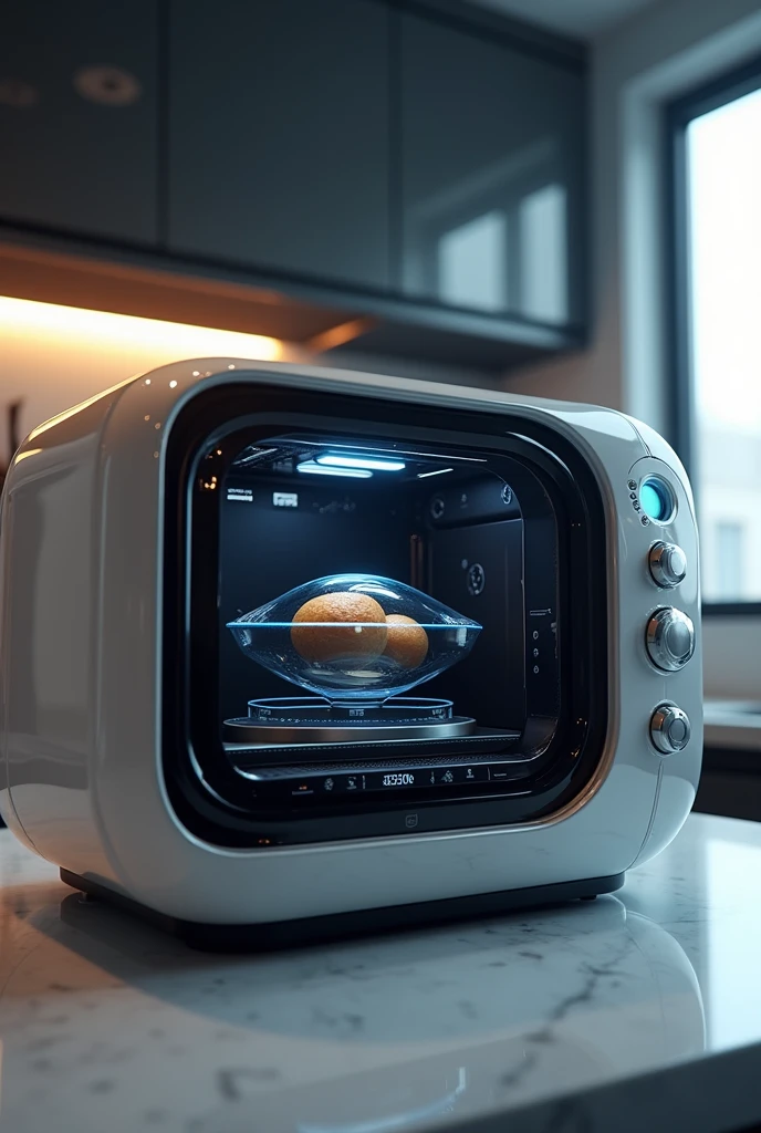 A futuristic microwave with a capsule inside.