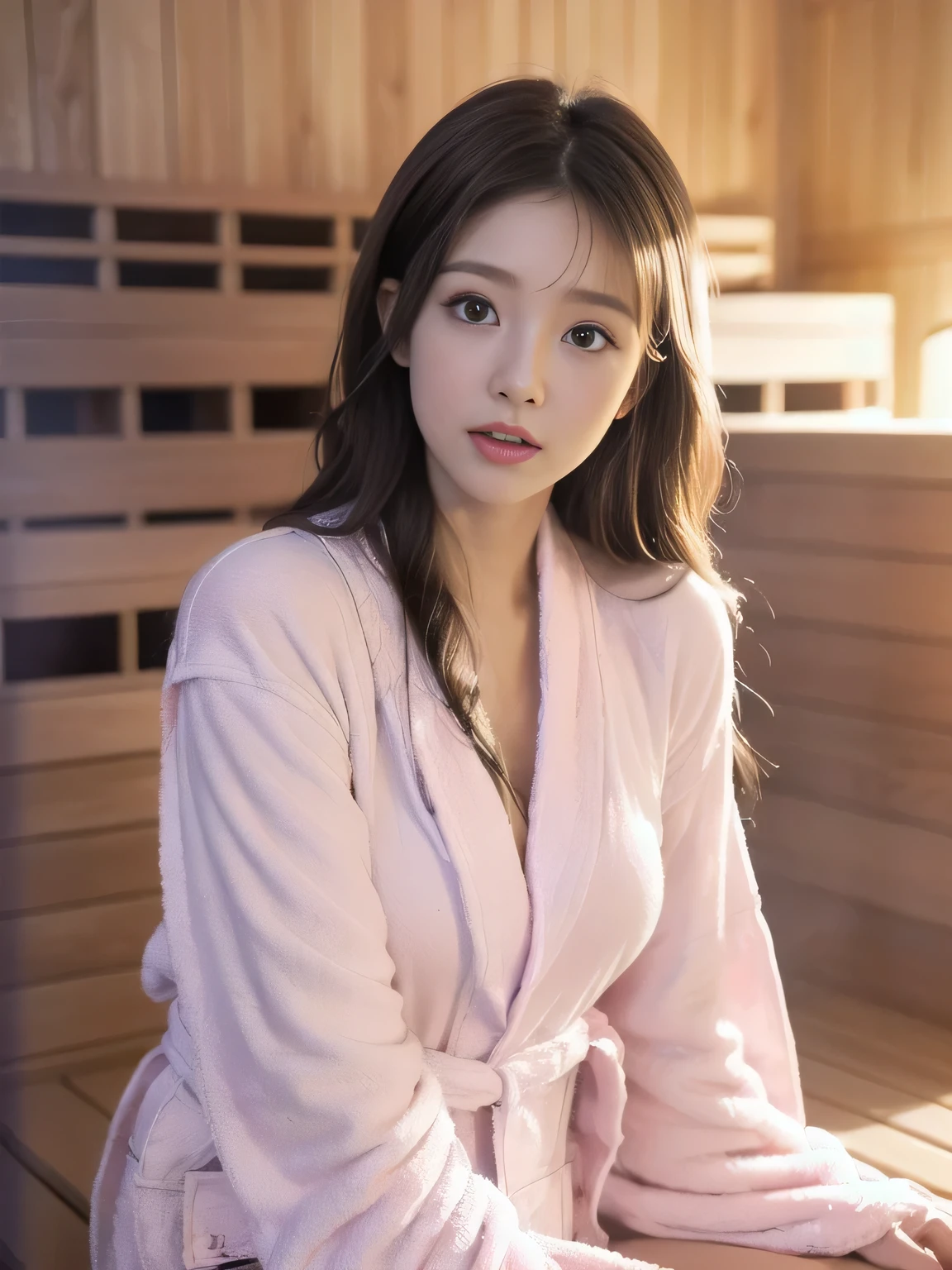 ((((top-quality))))、(((Ultra Precision CG16K Wallpapers)))、(((​masterpiece)))、(((Ultra-detail)))、(((Ultra-extreme details)))、１Man Woman、a matural female、a 25yo woman、((Japanese face))、((extremely beautiful face))、((Nozomi Sasaki:1.5))、((Soft wave semi-long hair:1.3))、(shinny hair)、Bangs up to the eyebrows、Beautiful brown hair、Beautiful delicate eyes、Brown eyes、raised eyebrows、lofty nose、small nostrils、small mouth、seductive lips、slightly open mouth、Beautiful breasts、C-cup size breasts、cleavage of the breast、Plump body、perfectly proportions、perfect anatomia、perfect-composition、beautiful detailed shading、Beautiful natural lighting、Beautiful detail glow、depth of fields、(((a high chroma)))、(((realisitic:1.9)))、((vivid:1.4))、((Beautiful skin))、((Skin texture))、((Realistic skin feel))、(((cowboy  shot:1.5)))、((Frontal angle:1.5))、((Surprised face with open mouth:1.3))、(Eyes looking at me)、Bright sunshine、(((sit in the sauna:1.3)))、(Sedentary Pose)、(((Wearing a pink bathrobe:1.5)))、