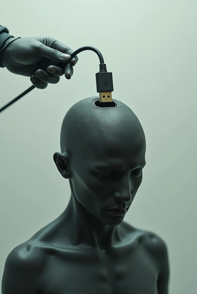 USB being inserted into a human brain from the back 


