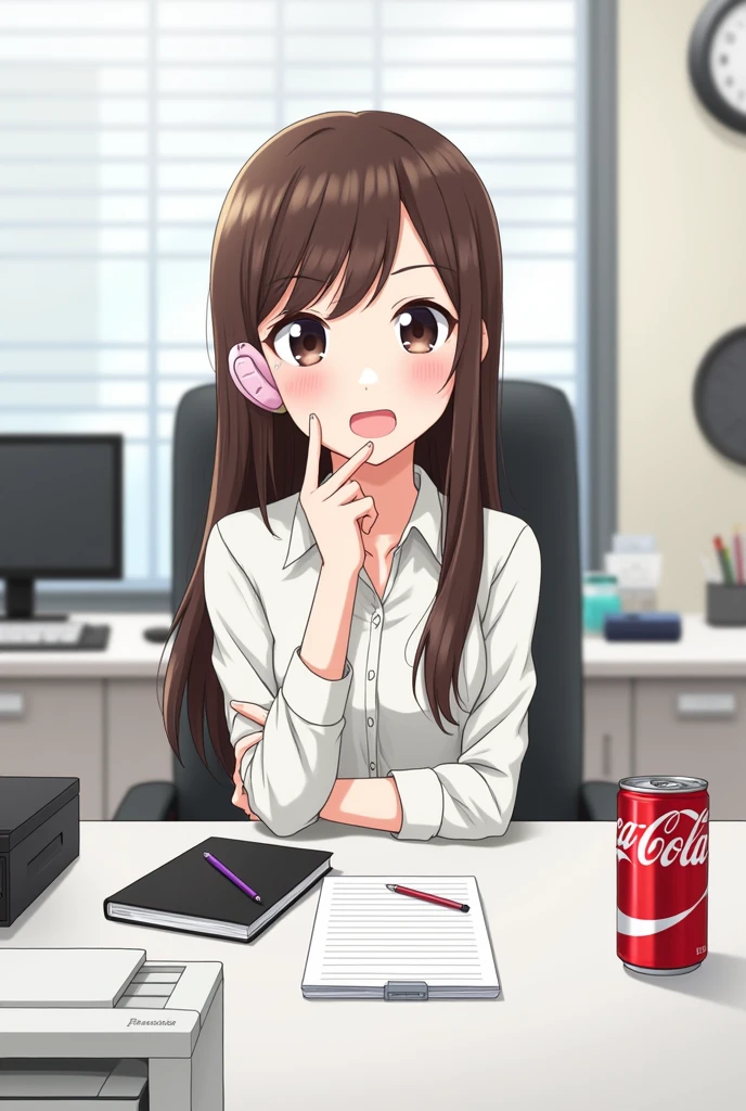 Create a drawing where you can see the office from the front where there is a white table with a black notebook and a white printer. On this table there is a red Coca-Cola can with black writing written Coca-Cola Zero on top of the table. There is note paper and a pen on this table. Sitting right behind it is a secretary with a round face, long straight brown hair that goes below her waist. She has black eyes. She is wearing a light pink hearing aid and she seems to be very friendly and charismatic.