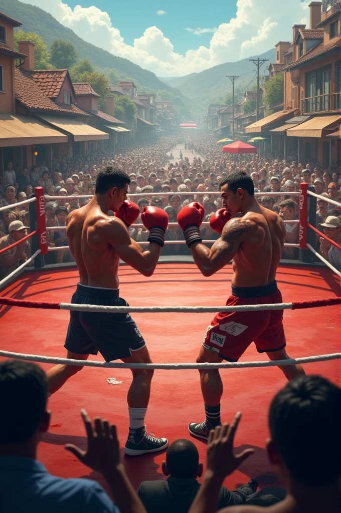 Create an image of a boxing ring with two people boxing and people watching towns with people in the background