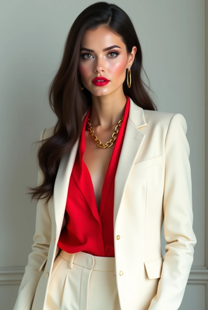 Woman , long straight hair in dark brown color, brown eyes and fair skin. Wear bright red lipstick, with the background of a light gray wall and she is wearing an off-white blazer and a closed red blouse and off-white dress pants. She is wearing a gold necklace and earrings.