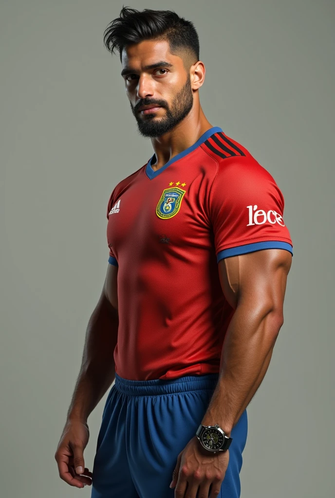 Brazilian gentleman, 25 years old, skin tanned,beautiful and elegant, wearing a flamengo uniform, masculine, photo by full body,(ultra details, photorrealistic, best quality, 4K, high resolution, Artwork:1.3), a mature man, charming and distinguished , (muscle building body), Accessories include a luxury wristwatch, muscle veins. Flamengo's jersey.