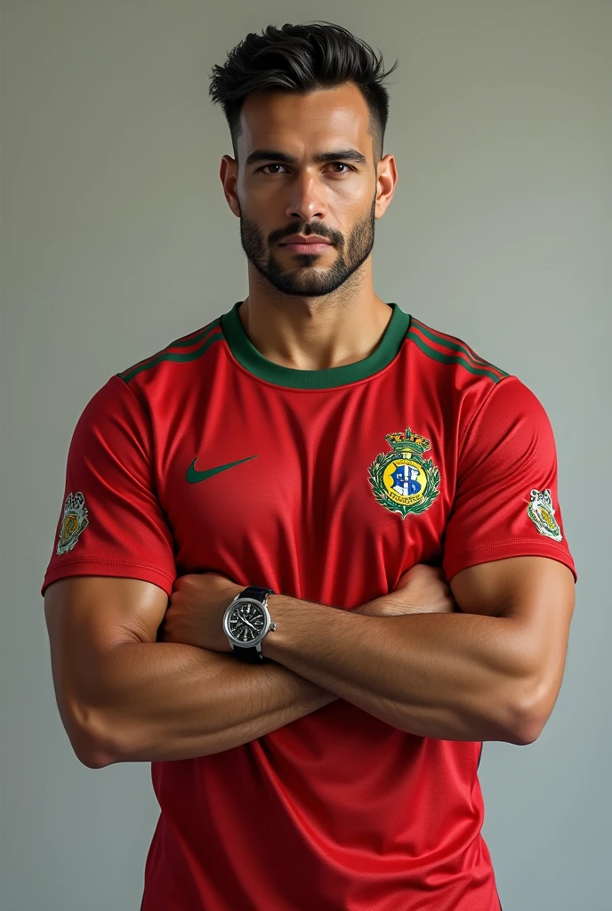 Brazilian gentleman, 25 years old, skin tanned,beautiful and elegant, wearing a flamengo uniform, masculine, photo by full body,(ultra details, photorrealistic, best quality, 4K, high resolution, Artwork:1.3), a mature man, charming and distinguished , (muscle building body), Accessories include a luxury wristwatch, muscle veins. Flamengo's jersey.