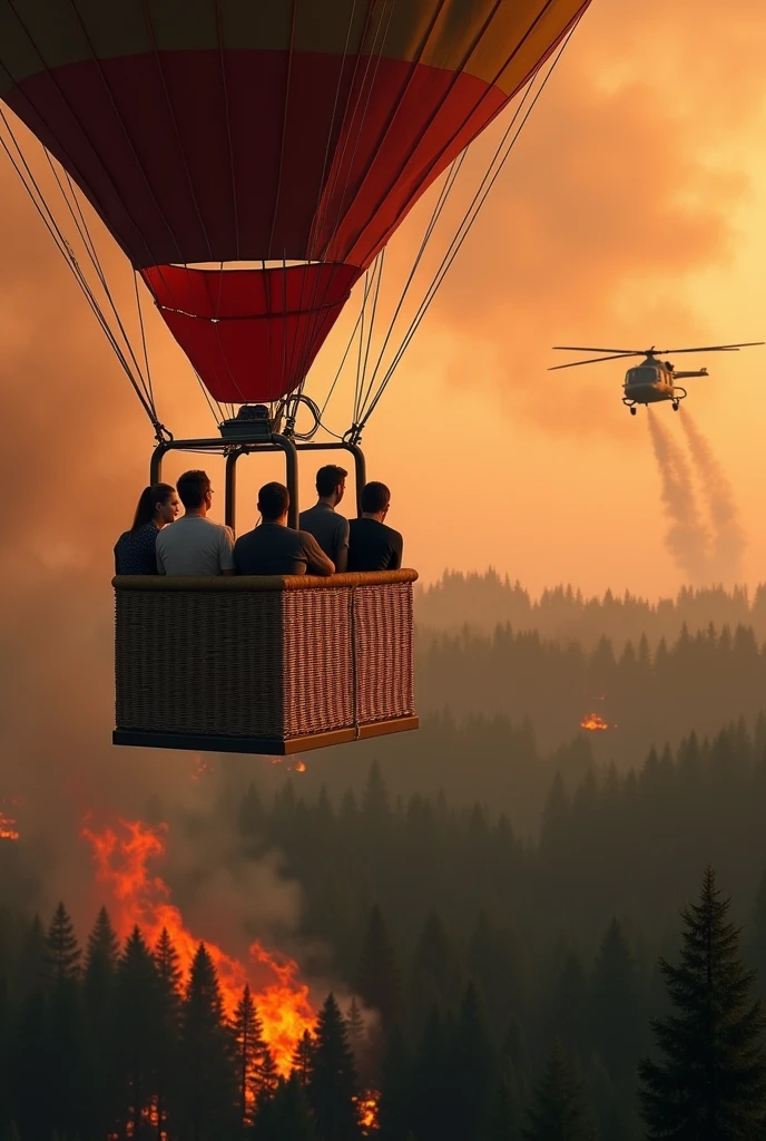 There are 5 people on a hot air balloon looking down at the burning forest. In the distance there is a helicopter carrying a bucket of water to put out the fire.