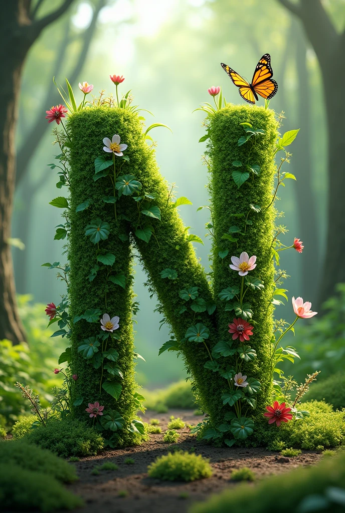 Alphabet "N" image with floral & butterfly in portrait background. i want forest vibe make the alphabet with grass