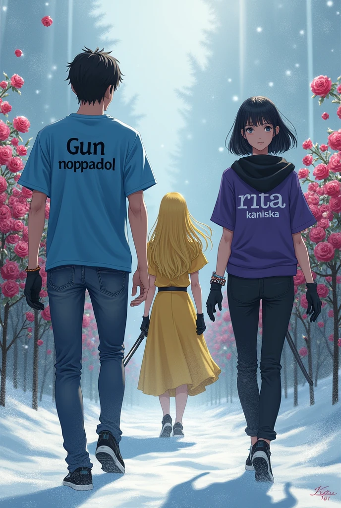 1 Japanese man,Age 27,Blue short-sleeved shirt with the words Gun Noppadol written on it. ,skinny jeans,black shoes,1 Japanese woman,Age 23,long yellow hair,Yellow Queen Dress,sword,1 Japanese woman,black short hair,Purple short-sleeved shirt with Rita Kaniska written on it.,Black hooded sweatshirt,black pants,Mass,black gloves,Bracelet,sword,behind,snow,rose
