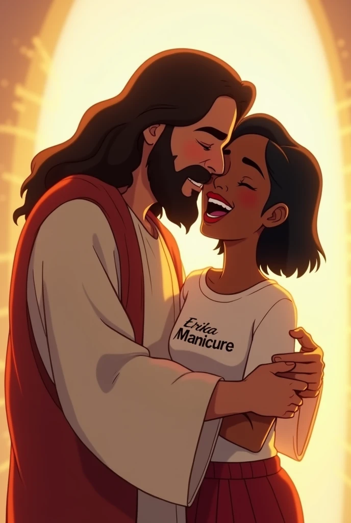 Animation of happy Jesus hugging a black woman with short straight black hair wearing a t-shirt with Erika manicure written on it