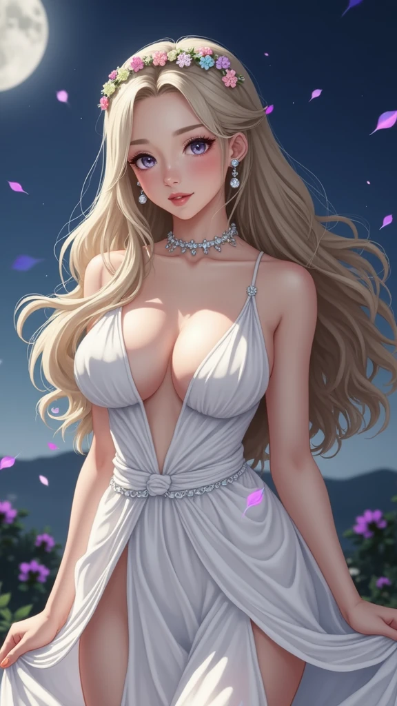 (masterpiece、Highest quality、8k、High resolution)、(One female、Beautiful Face、Beautiful eyes、Beautiful lips、Beautiful nose)、smile、The white upper teeth are faintly visible、Silver blonde medium hair、(The best girl in anime)、garden、blue sky、Colorful flowers are blooming、Vibrant colors、Red roses are beautiful、(Body、whole bodyから神秘的な光の粒子、Colorful light particles、A mysterious light glowing around the head)、melt、jewelry、necklace、dress、(whole body)、Highly detailed anime art、A complete portrayal、