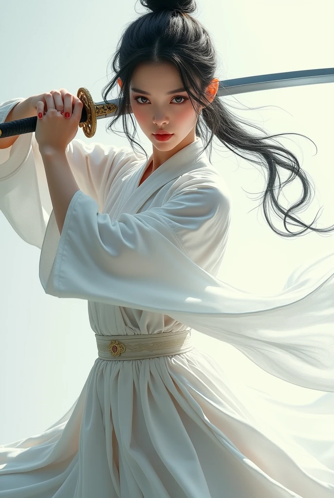 Wearing a white dress、Close-up of woman holding sword, Portrait of Yang Jian, Popular on CGsociety, Fantasy Art, Beautiful character painting, artwork in the style of Gu Weiss, Gu Weiss, White Hanfu, flowing white robe, Full body martial arts, Epic and beautiful character art, Stunning character art, beautiful female assassin