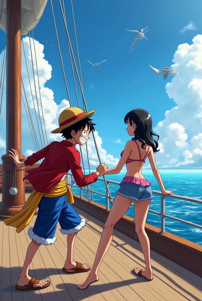 “Create a vibrant scene where Luffy, in his dynamic Gear Fifth form, is playfully interacting with Nico Robin on a sunny day at sea. Luffy’s exaggerated, rubbery features contrast with Robin’s calm and elegant demeanor as they both share a lighthearted moment on the deck of the Thousand Sunny. Capture the energy of Luffy’s new power alongside Robin’s graceful presence, blending action with tranquility.”