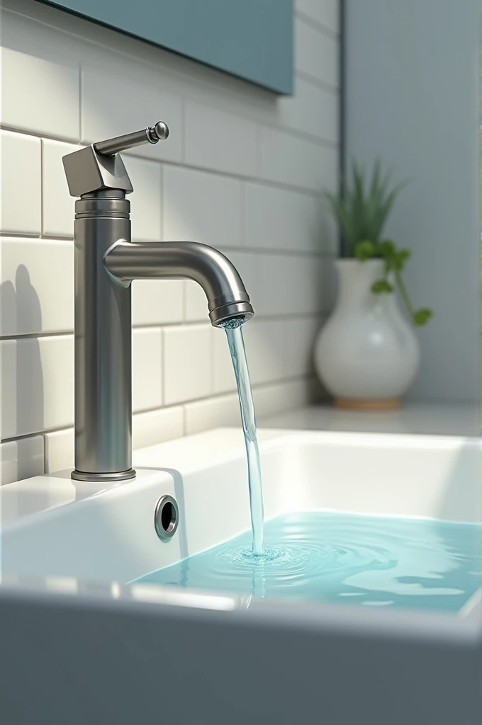 Bathroom sink with the tap on and overflowing slightly