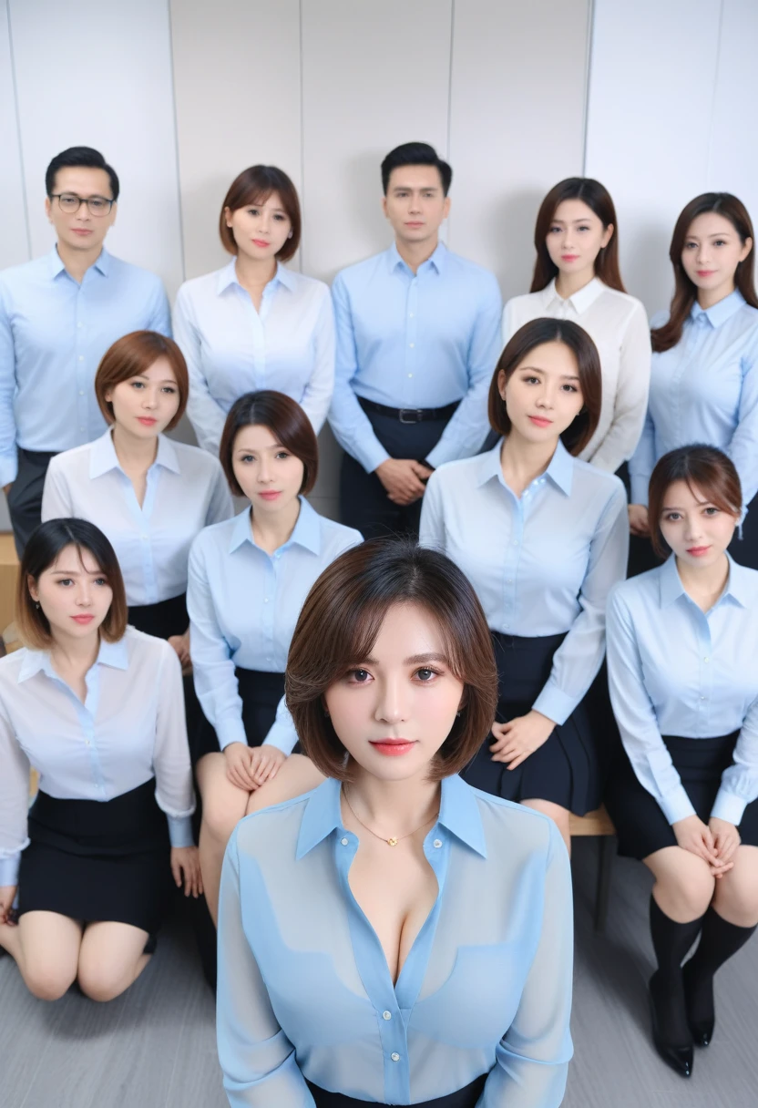 Highest quality、masterpiece、Group photo、(Light blue blouse), Large Breasts, ((Layered Haircut)),（8k，Highest quality），Full Body Shot，Shot from medium distances，office，secretary，President&#39;s office，Full body photo、 Adorable， smile， length, Brown Hair， 32K, masterpiece， Best image quality，Ultra-high resolution，Perfect hands，Black choker、blue eyes、bangs、Very lush and long eyelashes、 conference room、Summer clothes、((Big Breasts))